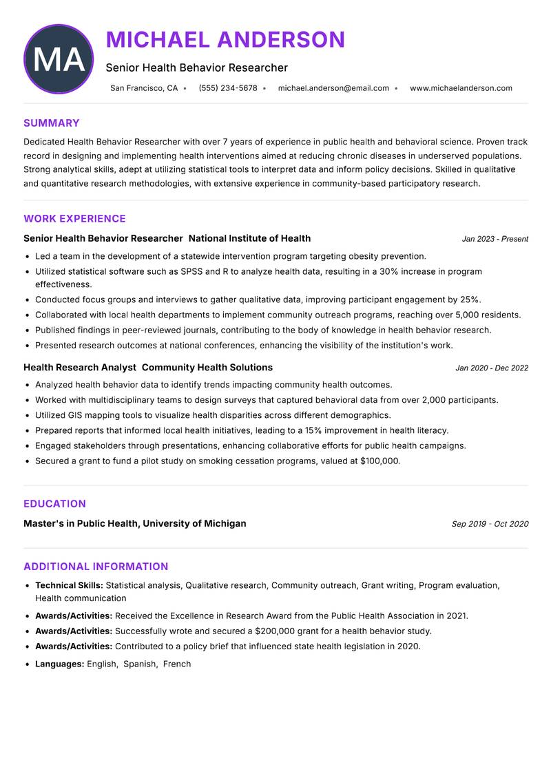 Health Behavior Researcher resume example