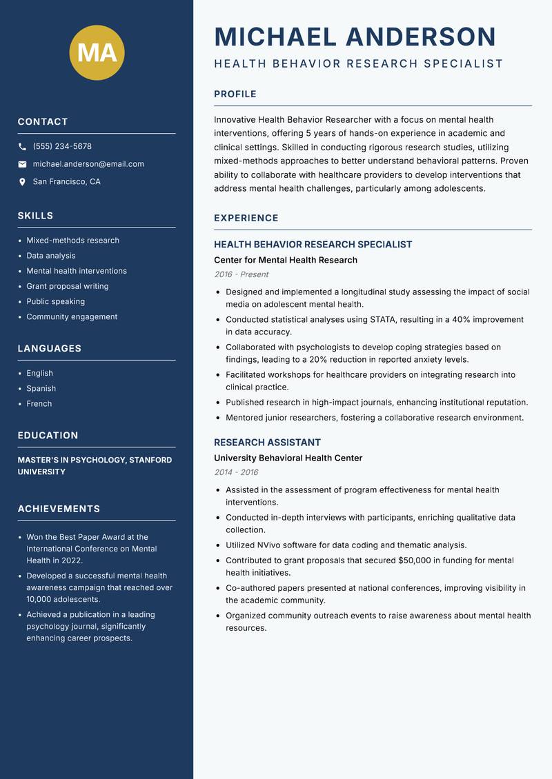 Health Behavior Researcher resume sample — Health Behavior Research Specialist focus