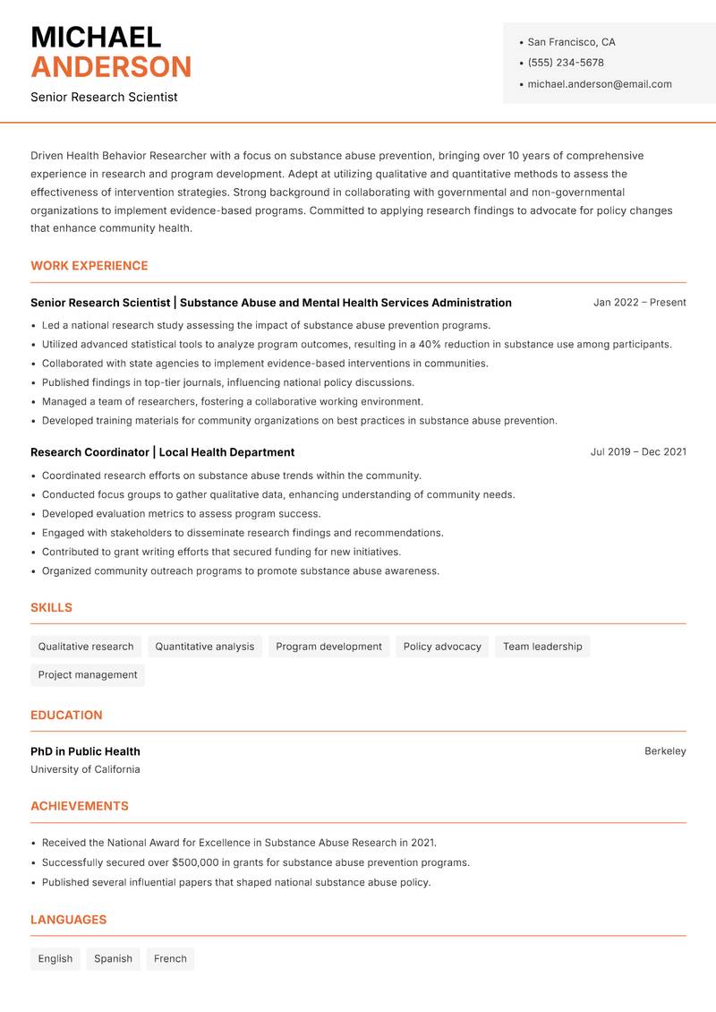 Health Behavior Researcher resume sample — Senior Research Scientist focus