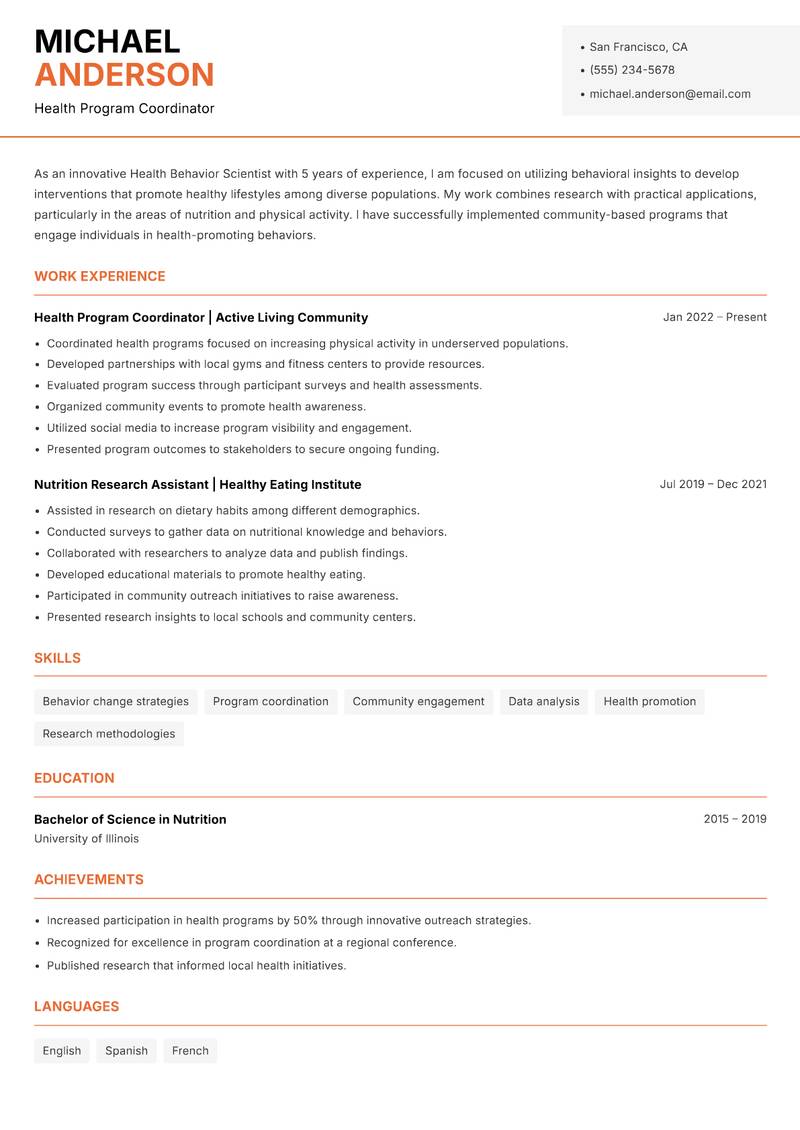 Health Behavior Scientist resume sample — Health Program Coordinator focus