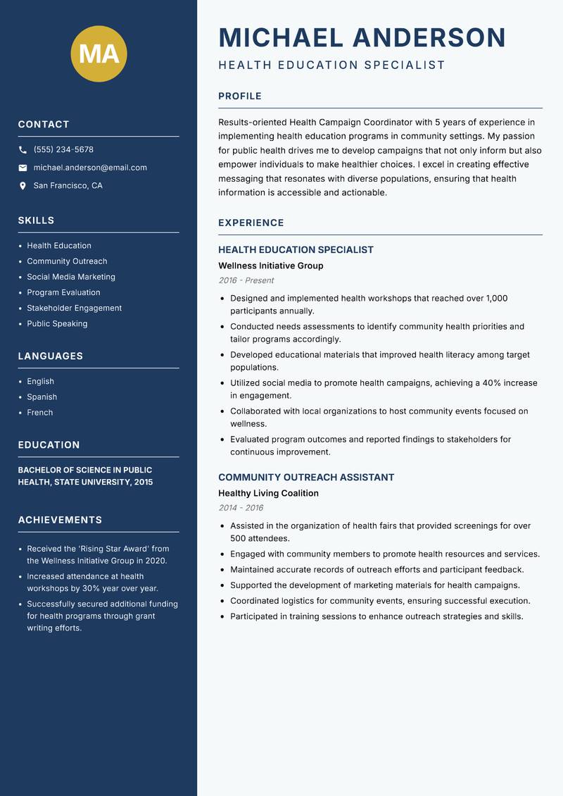 Health Campaign Coordinator resume sample — Health Education Specialist focus