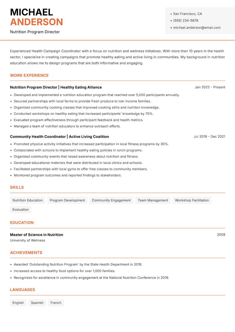 Health Campaign Coordinator resume sample — Nutrition Program Director focus