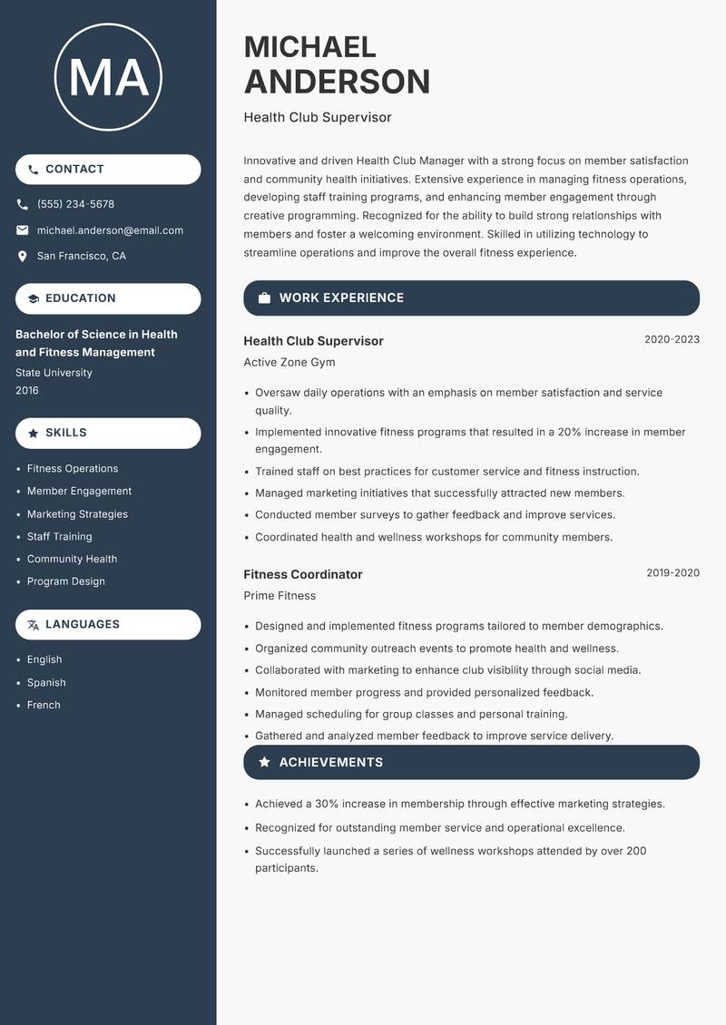 Health Club Manager resume sample — Health Club Supervisor focus