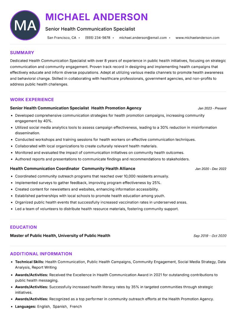 Health Communication Specialist resume example