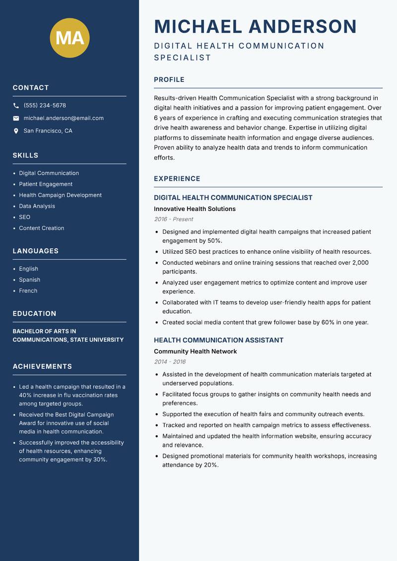 Health Communication Specialist resume sample — Digital Health Communication Specialist focus