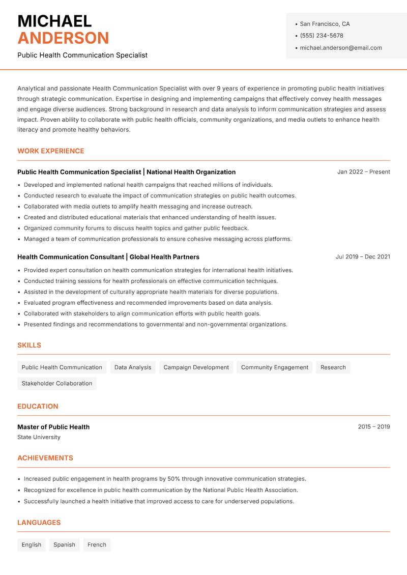 Health Communication Specialist resume sample — Public Health Communication Specialist focus