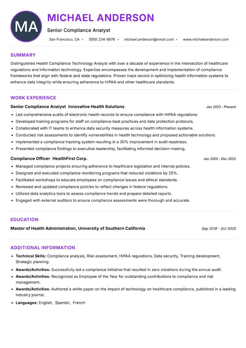 Health Compliance Technology Analyst resume example
