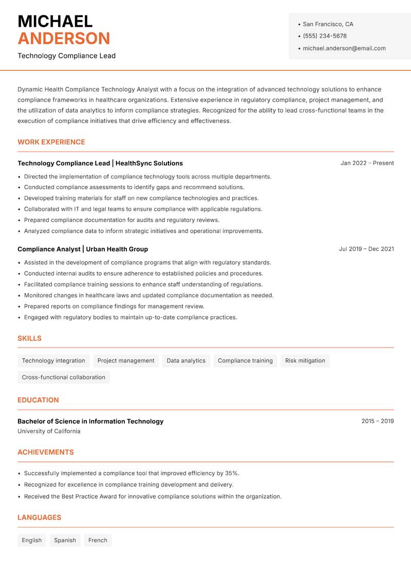 Health Compliance Technology Analyst resume sample — Technology Compliance Lead focus