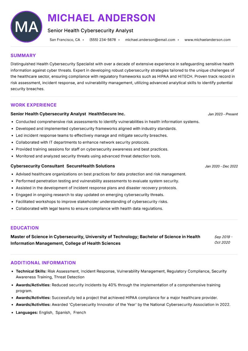 Health Cybersecurity Specialist resume example