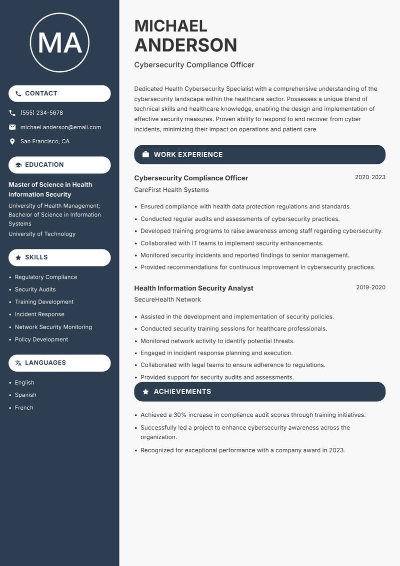 Health Cybersecurity Specialist resume sample — Cybersecurity Compliance Officer focus
