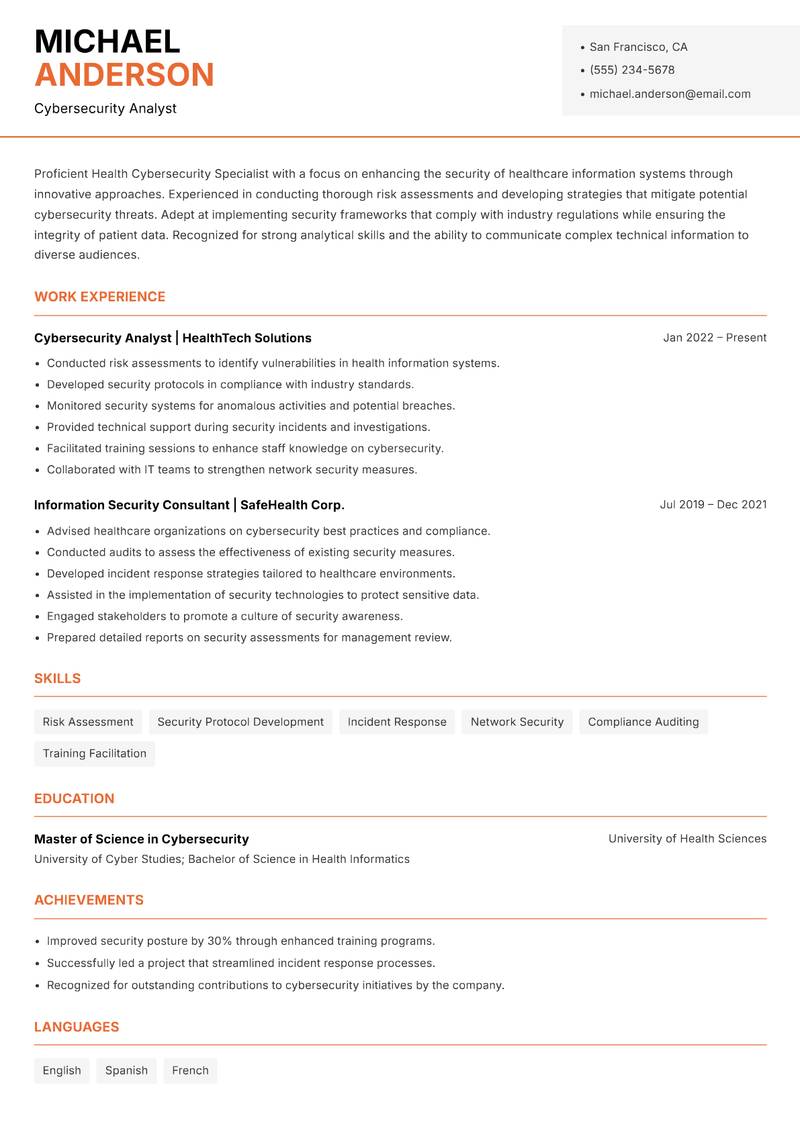Health Cybersecurity Specialist resume sample — Cybersecurity Analyst focus