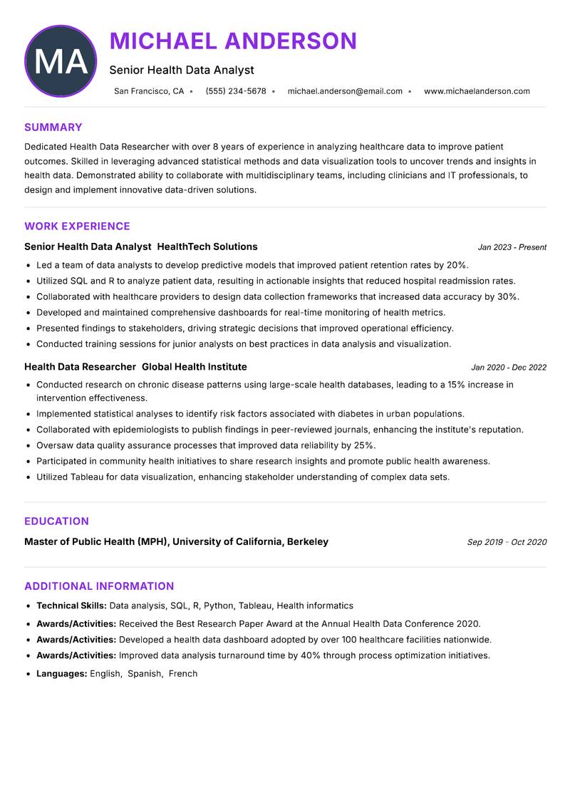 Health Data Researcher resume example