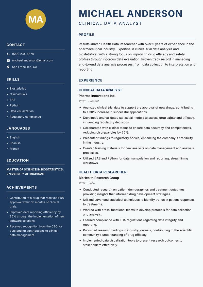 Health Data Researcher resume sample — Clinical Data Analyst focus