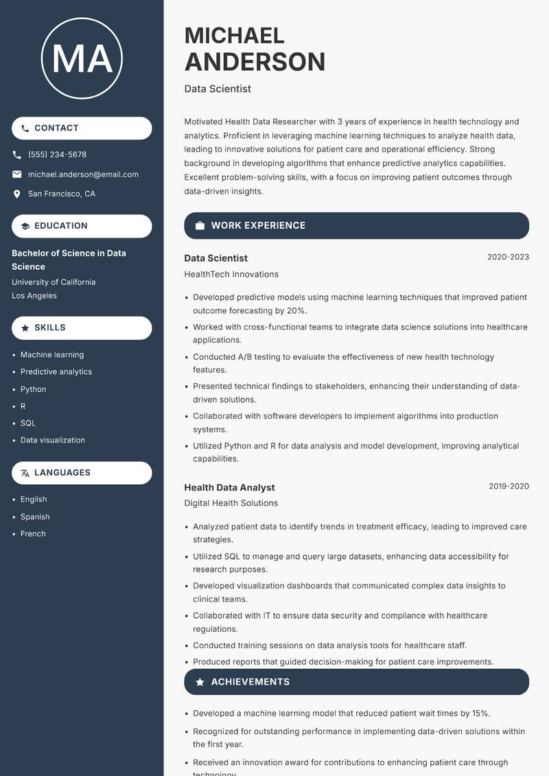 Health Data Researcher resume sample — Data Scientist focus