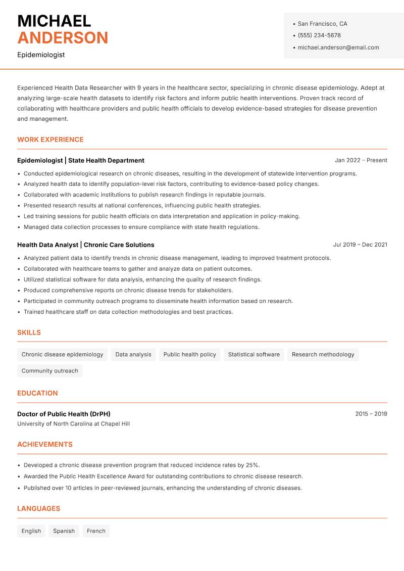 Health Data Researcher resume sample — Epidemiologist focus