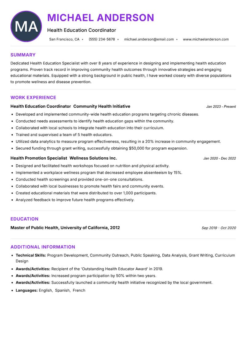 Health Education Specialist resume example