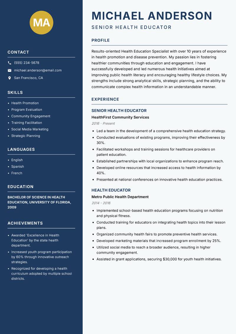 Health Education Specialist resume sample — Senior Health Educator focus