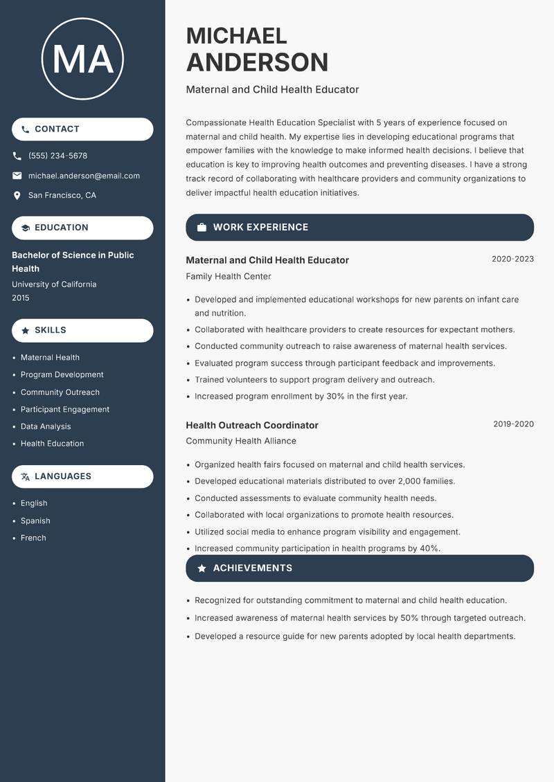 Health Education Specialist resume sample — Maternal and Child Health Educator focus