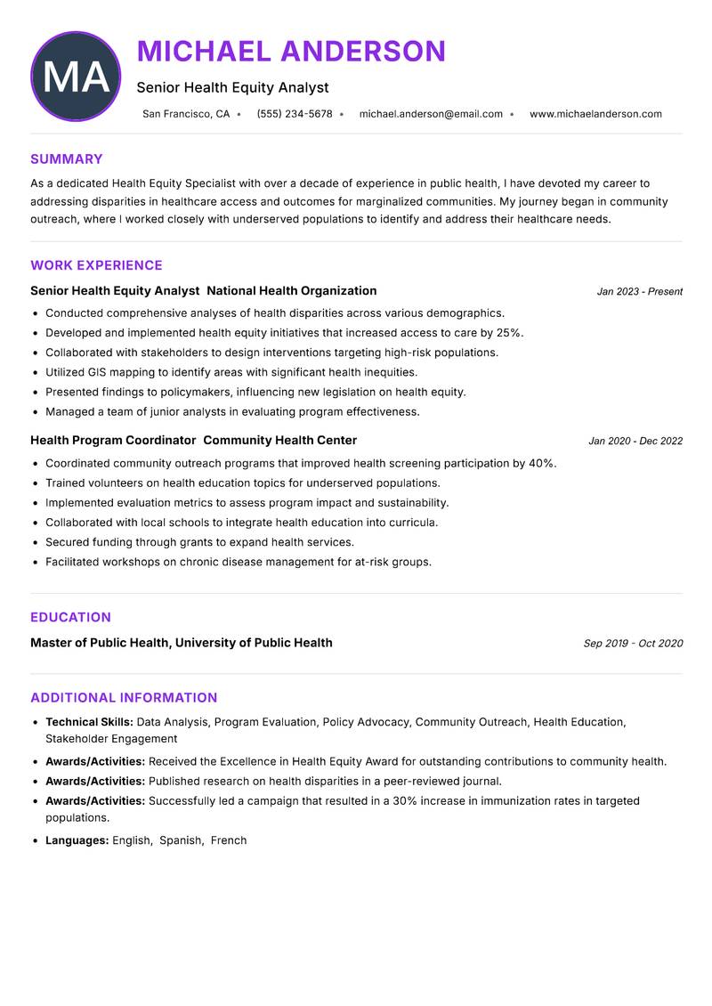 Health Equity Specialist resume example