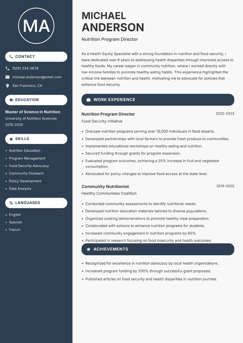 Health Equity Specialist resume sample — Nutrition Program Director focus