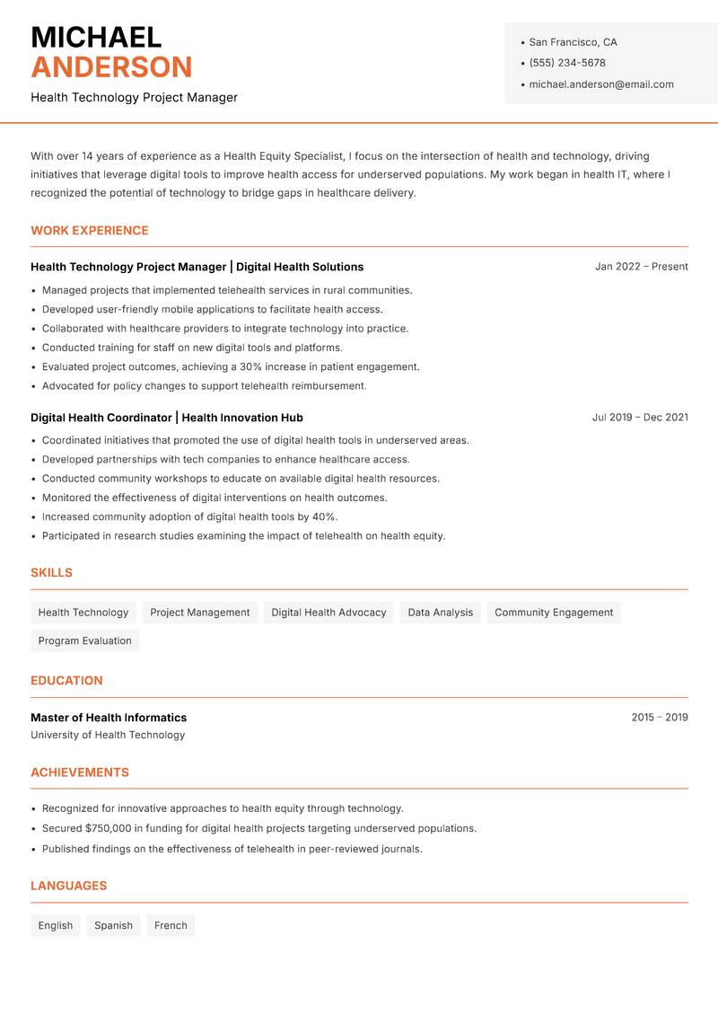 Health Equity Specialist resume sample — Health Technology Project Manager focus