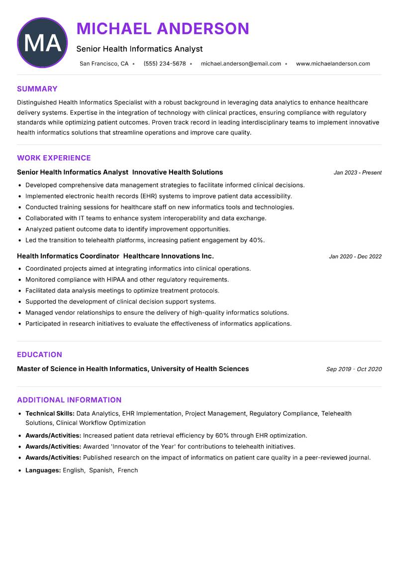 Health Informatics Specialist resume example