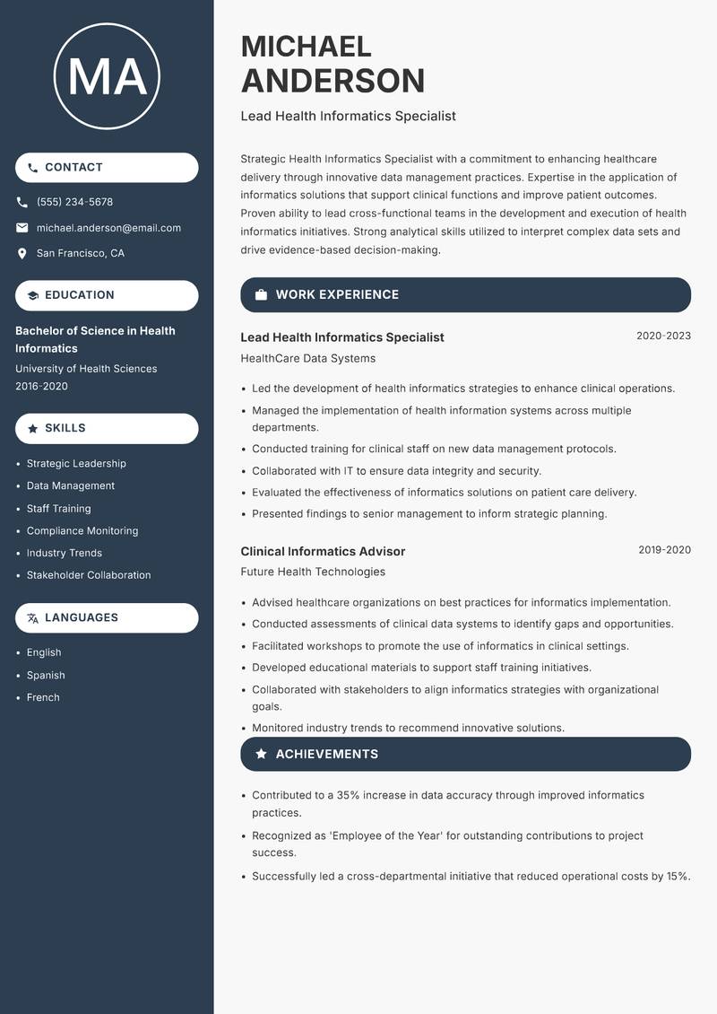 Health Informatics Specialist resume sample — Lead Health Informatics Specialist focus