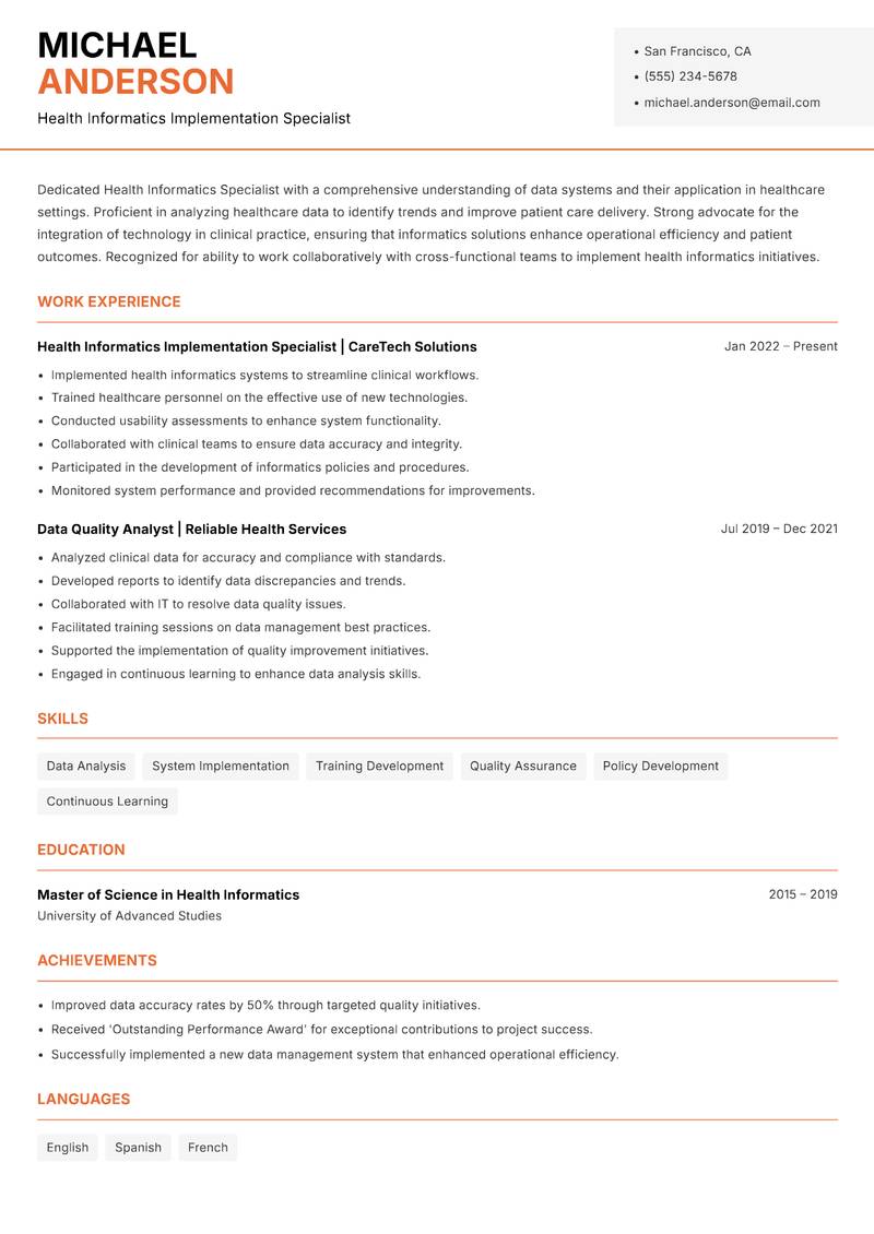 Health Informatics Specialist resume sample — Health Informatics Implementation Specialist focus