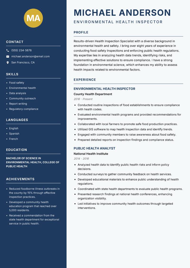 Health Inspection Specialist resume sample — Environmental Health Inspector focus