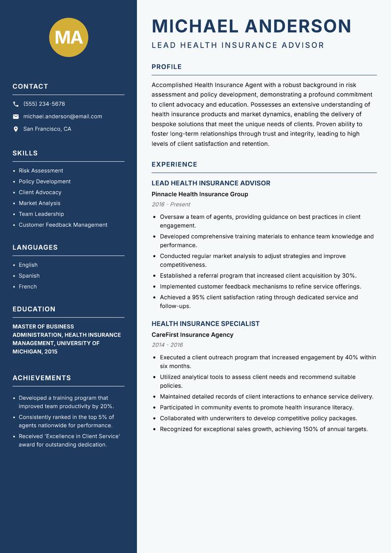 Health Insurance Agent resume sample — Lead Health Insurance Advisor focus