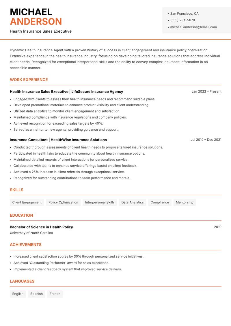 Health Insurance Agent resume sample — Health Insurance Sales Executive focus
