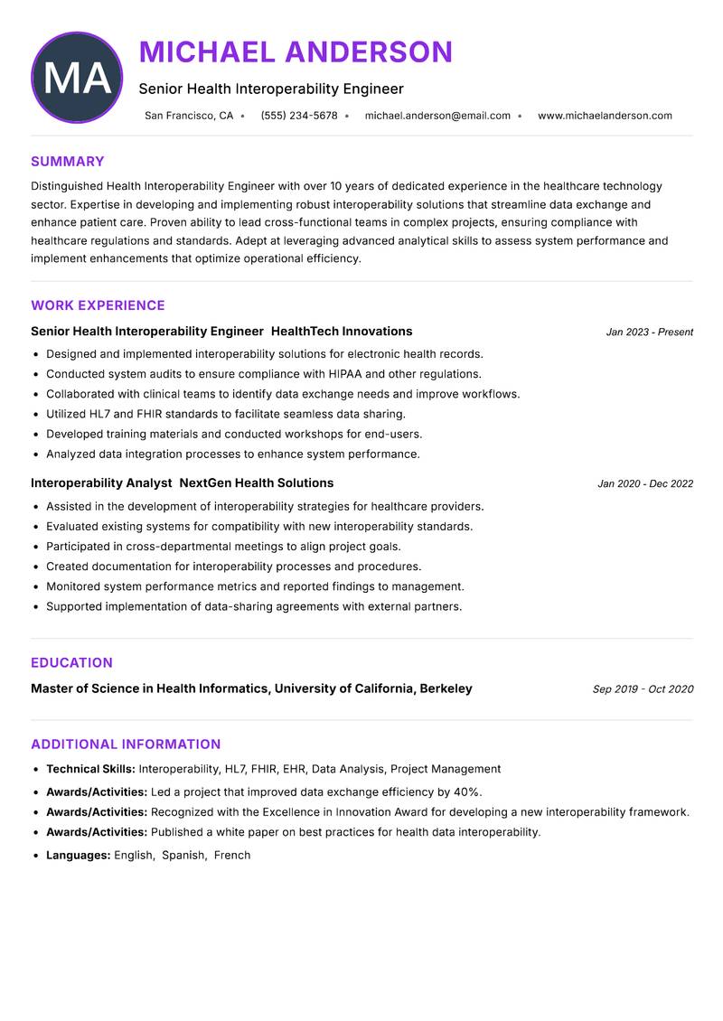 Health Interoperability Engineer resume example
