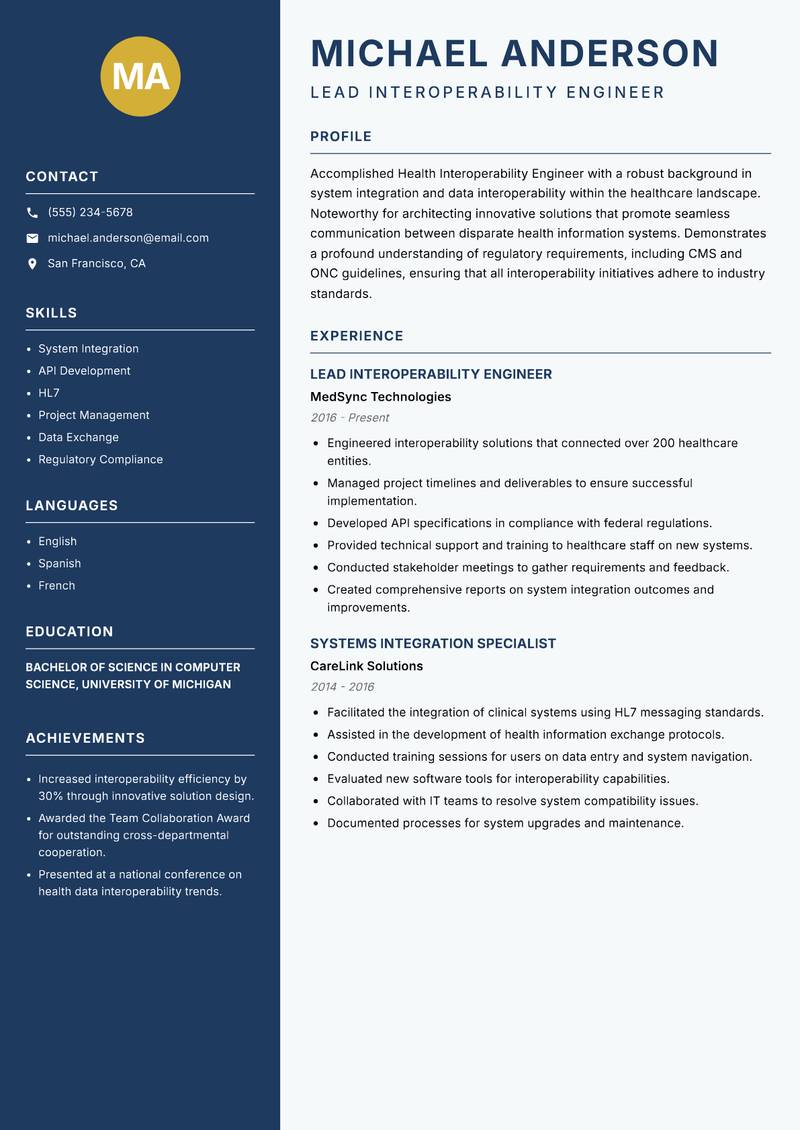 Health Interoperability Engineer resume sample — Lead Interoperability Engineer focus