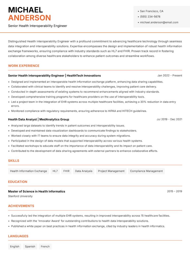 Health Interoperability Engineer resume sample — Senior Health Interoperability Engineer focus