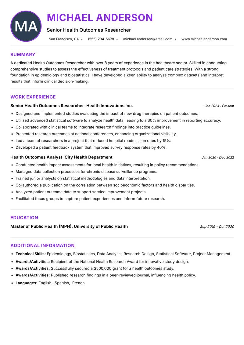 Health Outcomes Researcher resume example