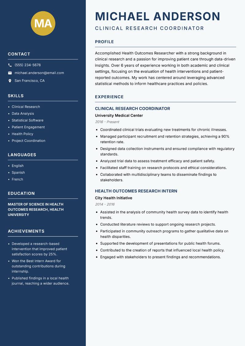Health Outcomes Researcher resume sample — Clinical Research Coordinator focus