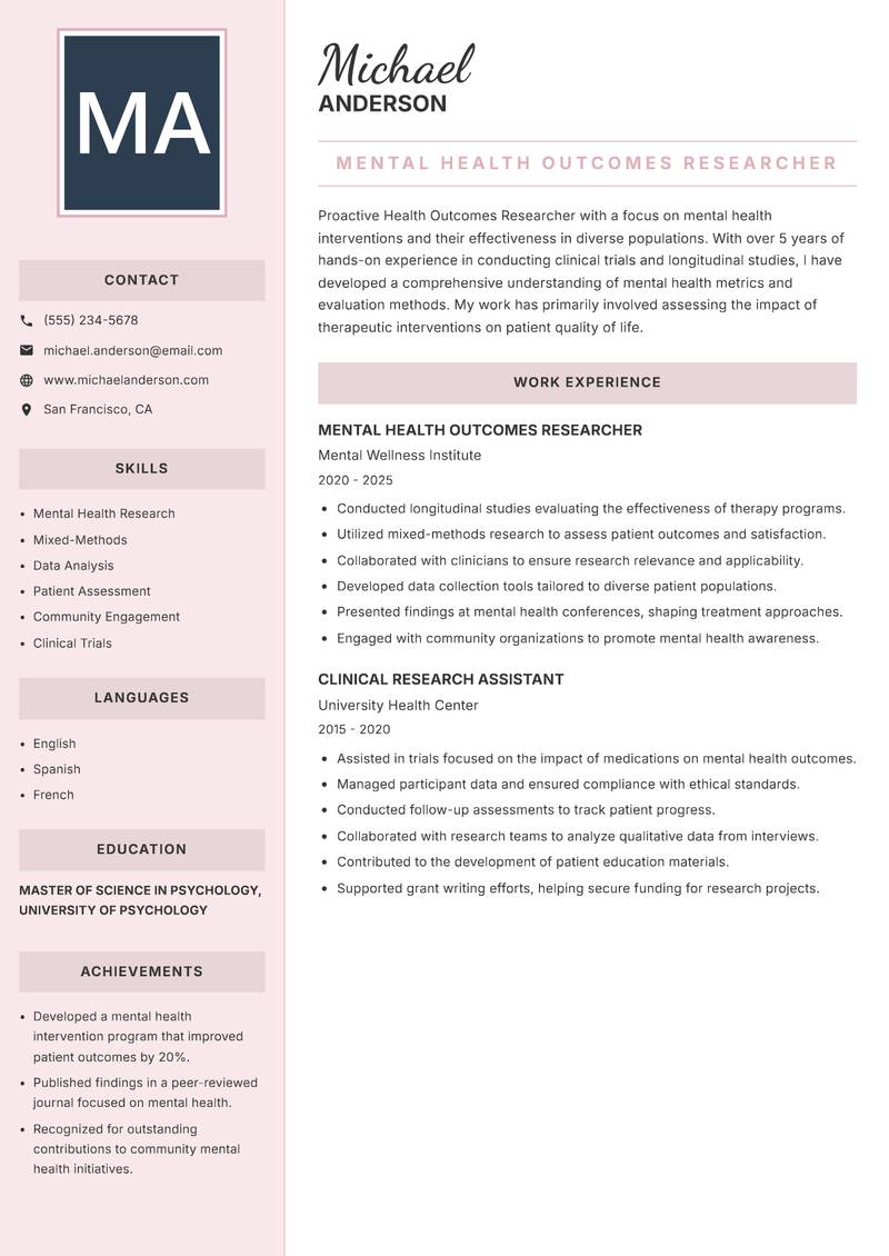 Health Outcomes Researcher resume sample — Mental Health Outcomes Researcher focus