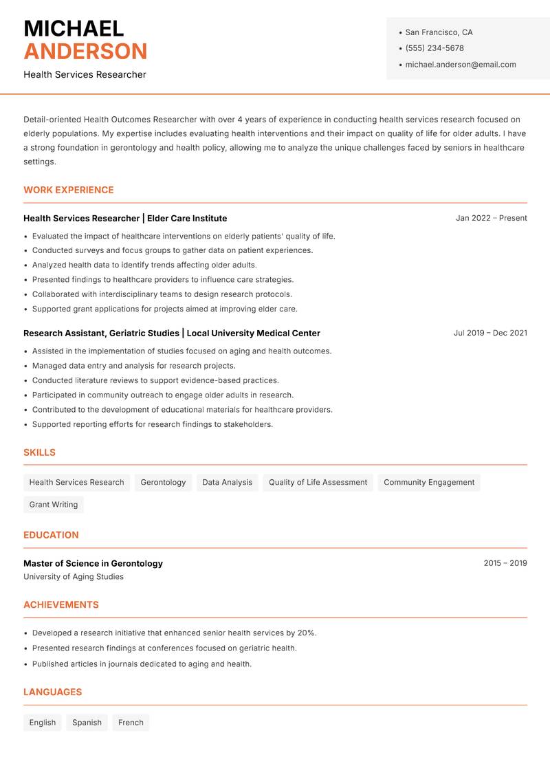 Health Outcomes Researcher resume sample — Health Services Researcher focus