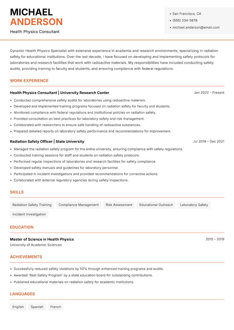 Health Physics Specialist resume sample — Health Physics Consultant focus