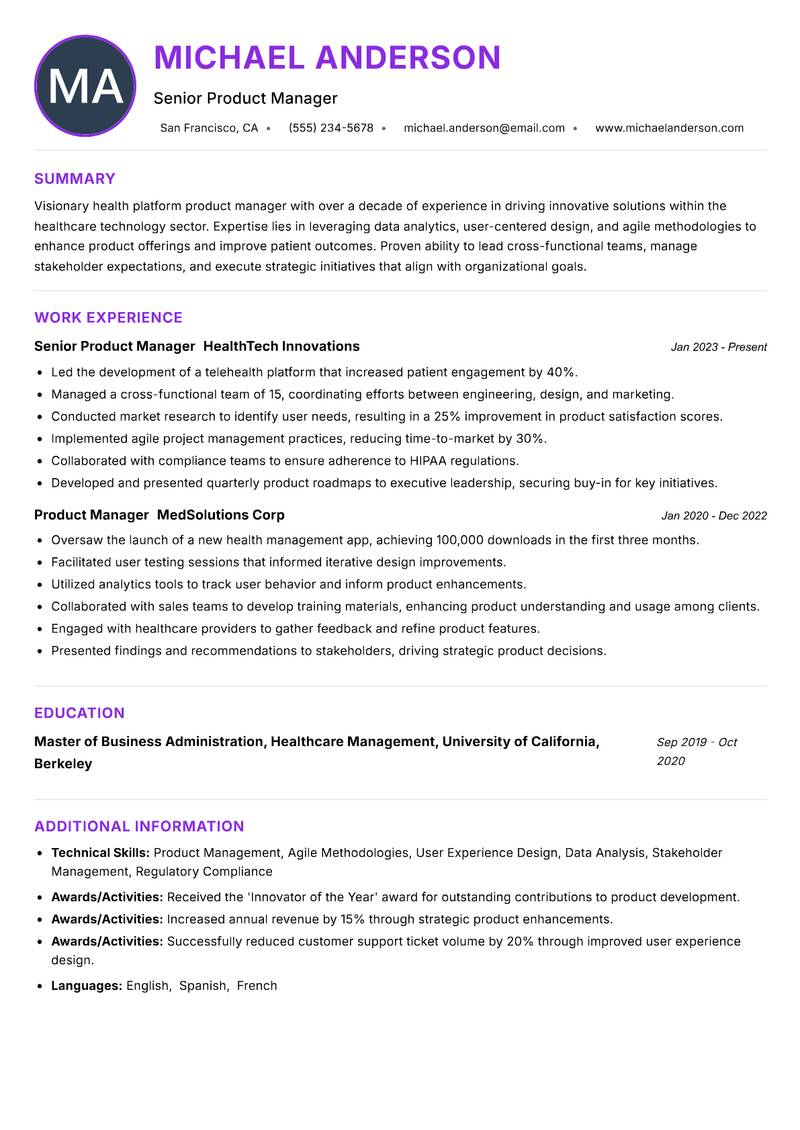Health Platform Product Manager resume example