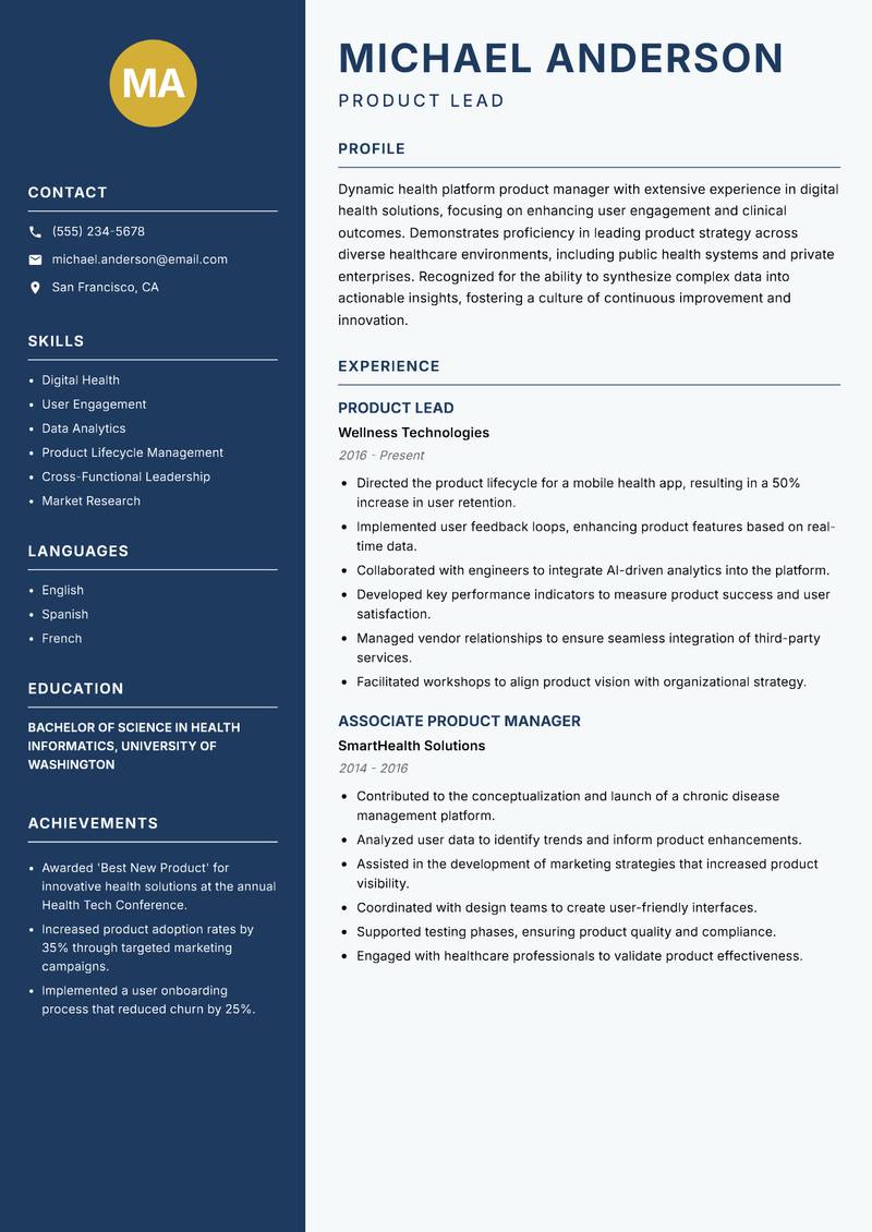 Health Platform Product Manager resume sample — Product Lead focus