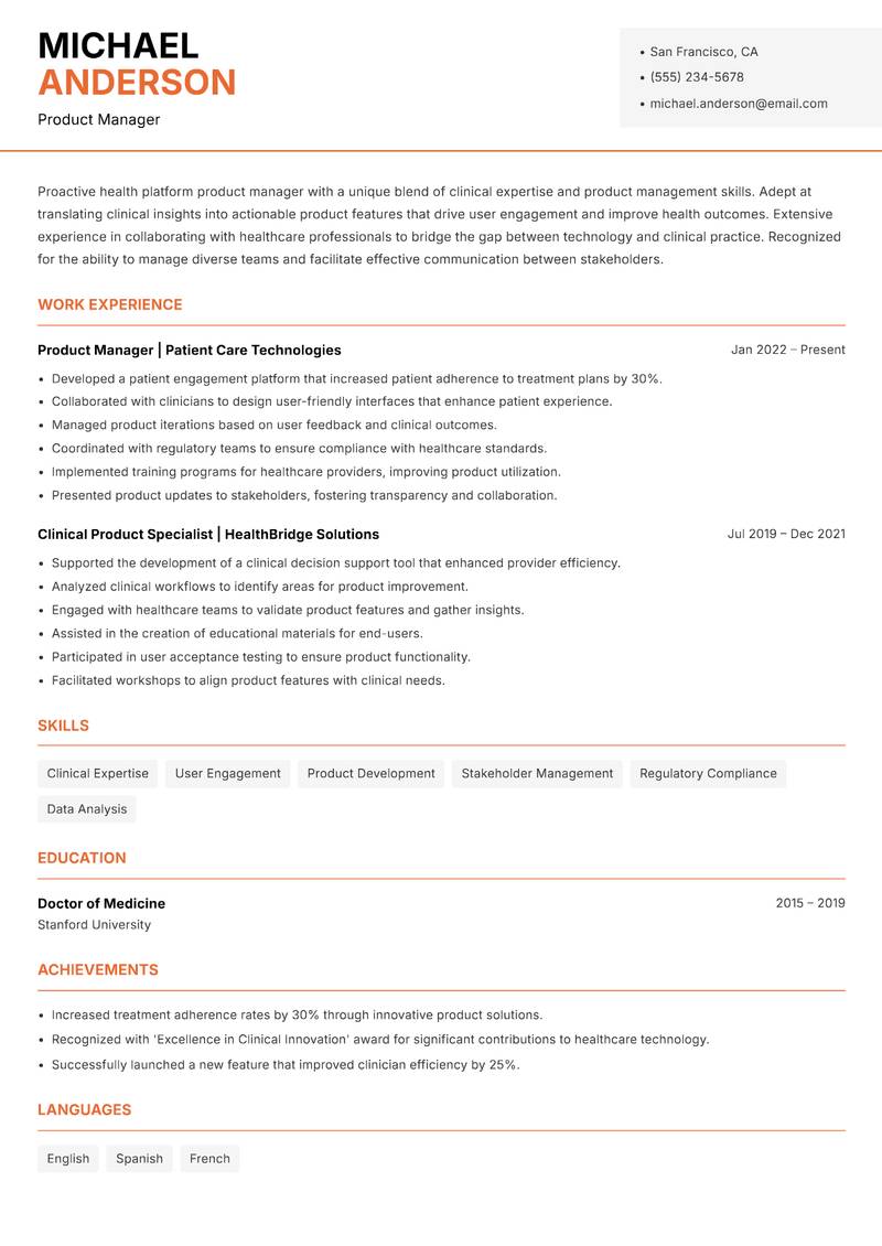 Health Platform Product Manager resume sample — Product Manager focus