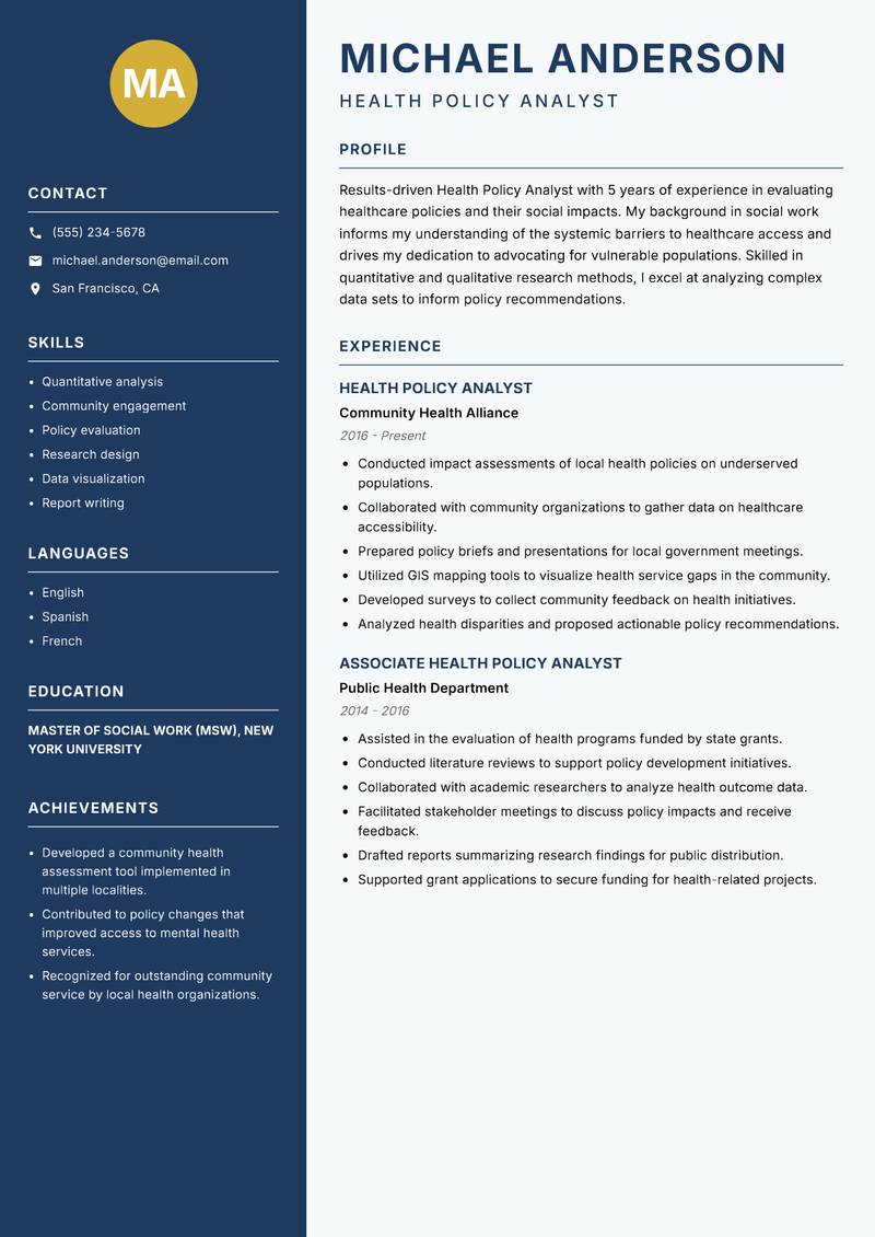 Health Policy Analyst resume sample — Health Policy Analyst focus
