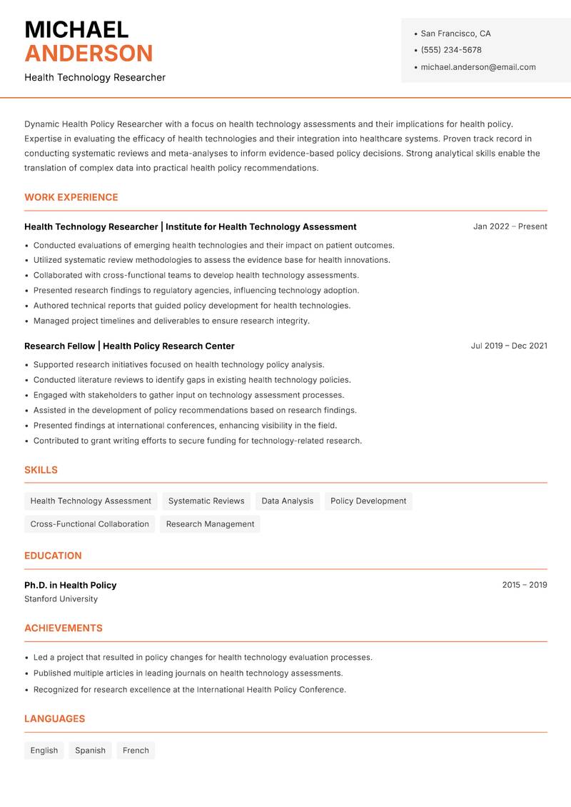 Health Policy Researcher resume sample — Health Technology Researcher focus