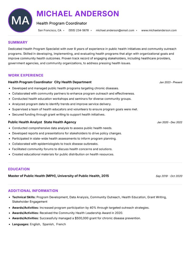 Health Program Specialist resume example