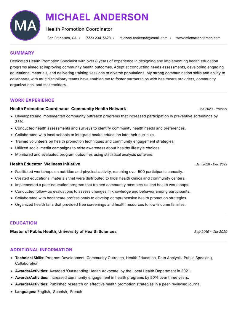 Health Promotion Specialist resume example
