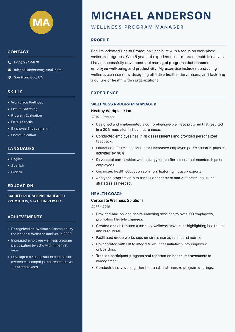 Health Promotion Specialist resume sample — Wellness Program Manager focus