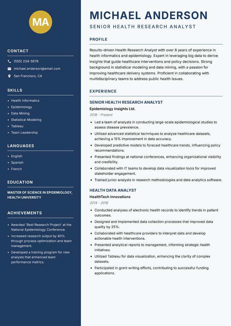 Health Research Analyst resume sample — Senior Health Research Analyst focus