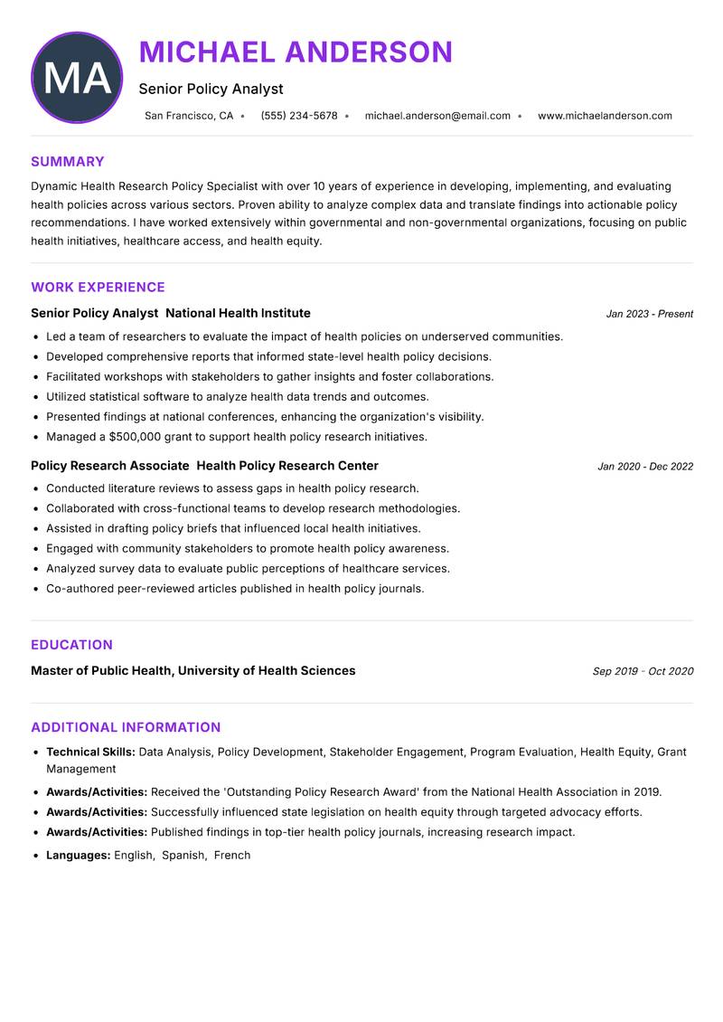 Health Research Policy Specialist resume example