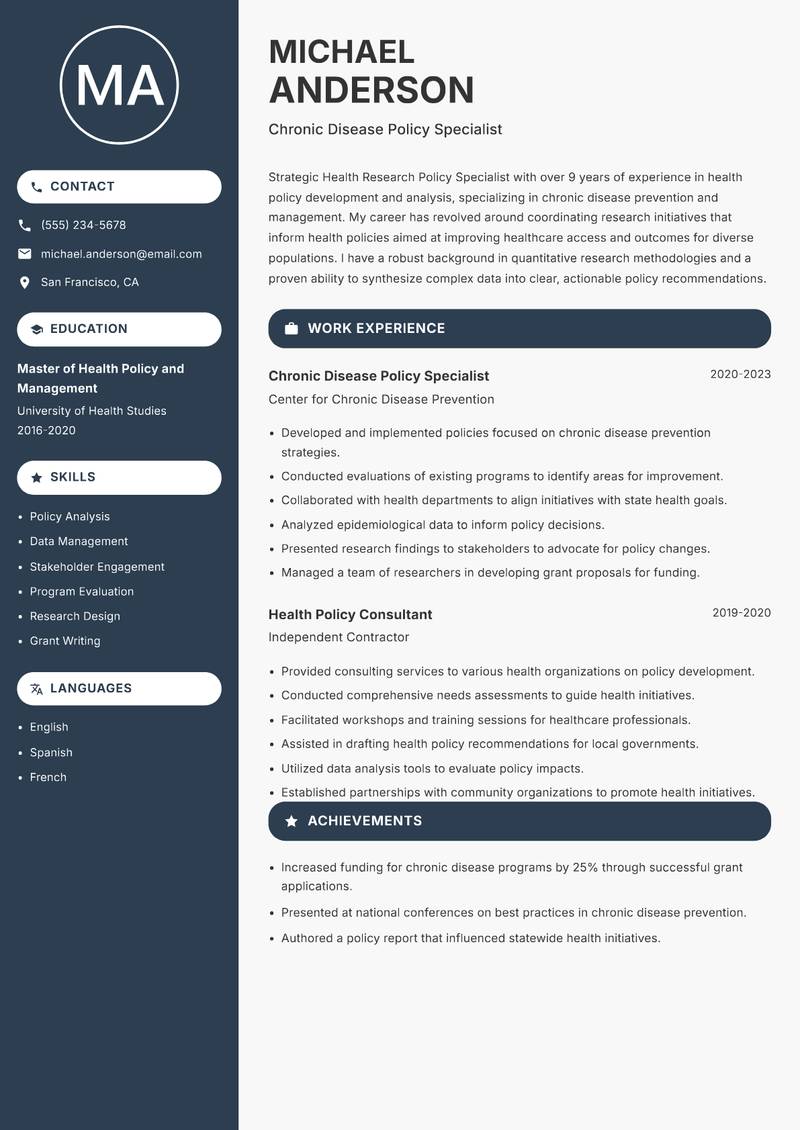 Health Research Policy Specialist resume sample — Chronic Disease Policy Specialist focus